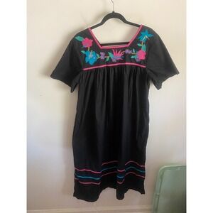 Fundamentals Black Cotton Floral Embroidered Muumuu Patio Dress Womens Medium